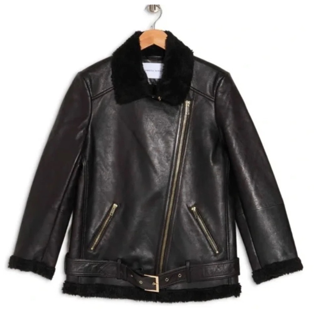 Rebecca Minkoff Black Leather Sherpa Moto Jacket Gold Hardware Belted Small NWT